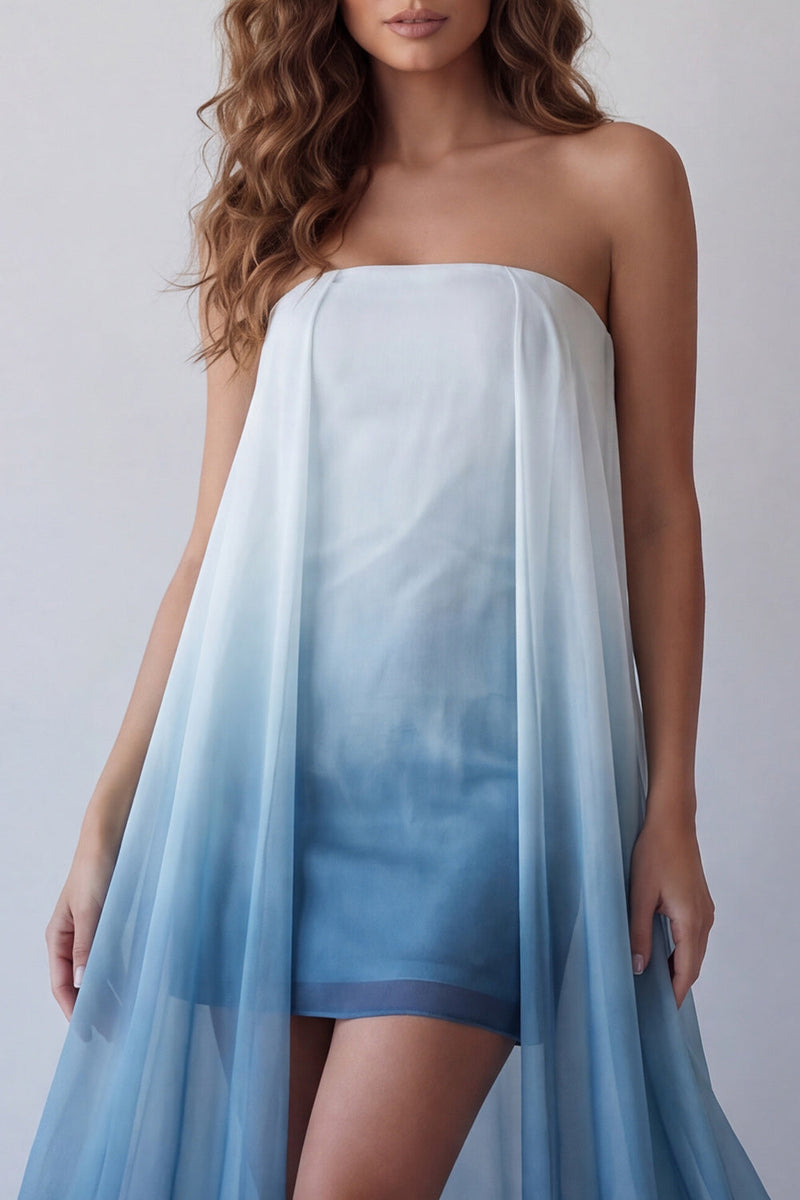 Load image into Gallery viewer, Strapless Lake Blue Tie Dye Beach Formal Dress with Cape