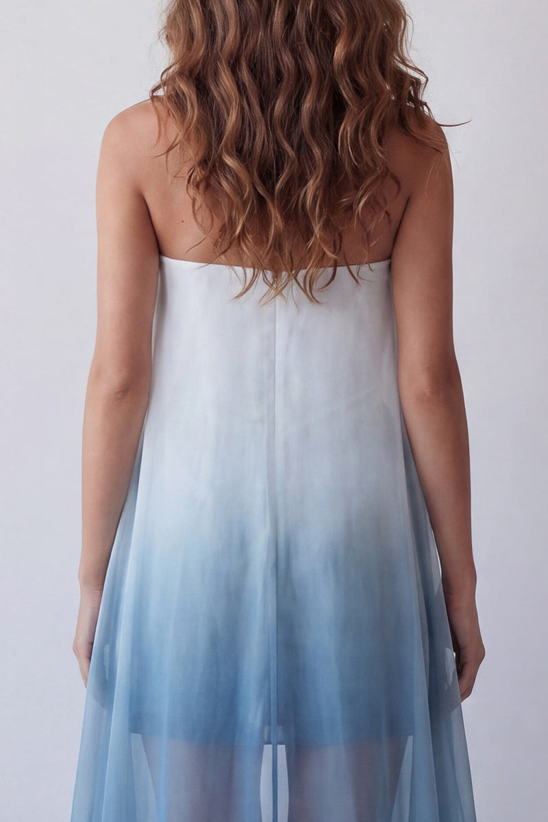Load image into Gallery viewer, Strapless Lake Blue Tie Dye Beach Formal Dress with Cape