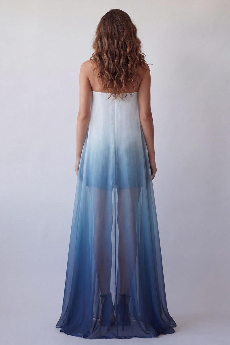 Load image into Gallery viewer, Strapless Lake Blue Tie Dye Beach Formal Dress with Cape