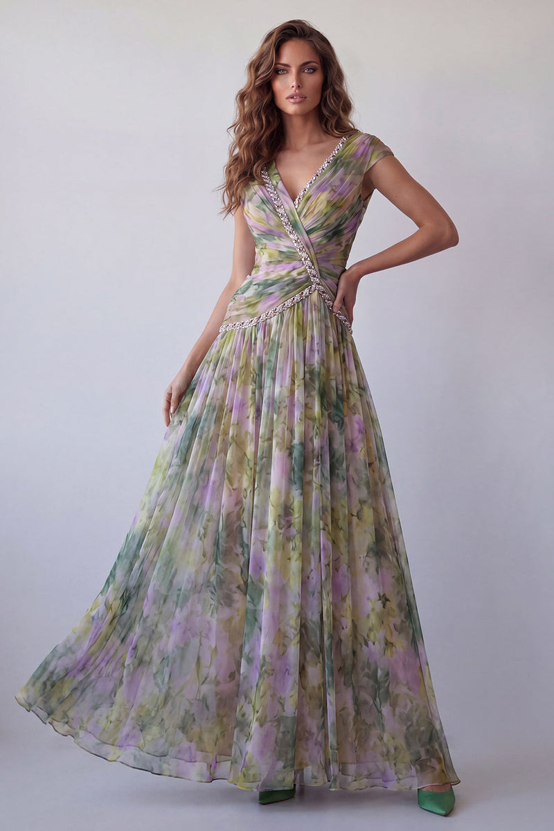 Load image into Gallery viewer, V-Neck Dusty Sage Floral Long Ruched A Line Formal Dress with Beading