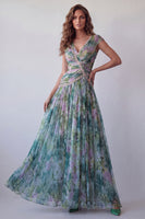 Load image into Gallery viewer, V-Neck Dusty Sage Floral Long Ruched A Line Formal Dress with Beading