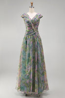 Load image into Gallery viewer, V-Neck Dusty Sage Floral Long Ruched A Line Formal Dress with Beading