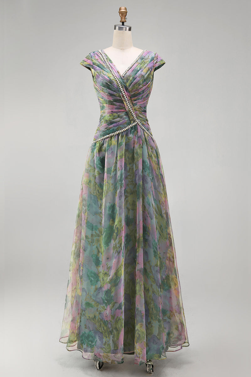 Load image into Gallery viewer, V-Neck Dusty Sage Floral Long Ruched A Line Formal Dress with Beading