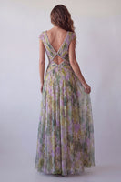 Load image into Gallery viewer, V-Neck Dusty Sage Floral Long Ruched A Line Formal Dress with Beading
