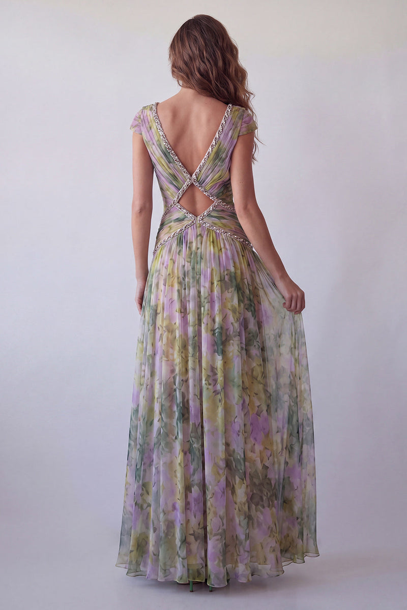 Load image into Gallery viewer, V-Neck Dusty Sage Floral Long Ruched A Line Formal Dress with Beading