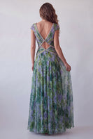 Load image into Gallery viewer, V-Neck Dusty Sage Floral Long Ruched A Line Formal Dress with Beading
