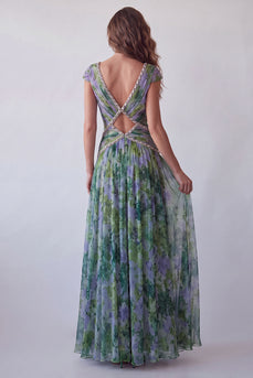 V-Neck Dusty Sage Floral Long Ruched A Line Formal Dress with Beading