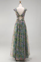 Load image into Gallery viewer, V-Neck Dusty Sage Floral Long Ruched A Line Formal Dress with Beading