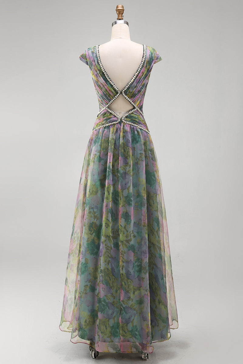 Load image into Gallery viewer, V-Neck Dusty Sage Floral Long Ruched A Line Formal Dress with Beading