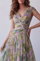 Load image into Gallery viewer, V-Neck Dusty Sage Floral Long Ruched A Line Formal Dress with Beading