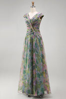 Load image into Gallery viewer, V-Neck Dusty Sage Floral Long Ruched A Line Formal Dress with Beading