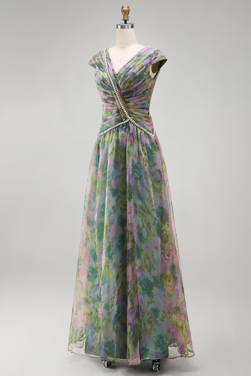 Load image into Gallery viewer, V-Neck Dusty Sage Floral Long Ruched A Line Formal Dress with Beading