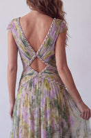 Load image into Gallery viewer, V-Neck Dusty Sage Floral Long Ruched A Line Formal Dress with Beading