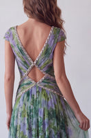 Load image into Gallery viewer, V-Neck Dusty Sage Floral Long Ruched A Line Formal Dress with Beading