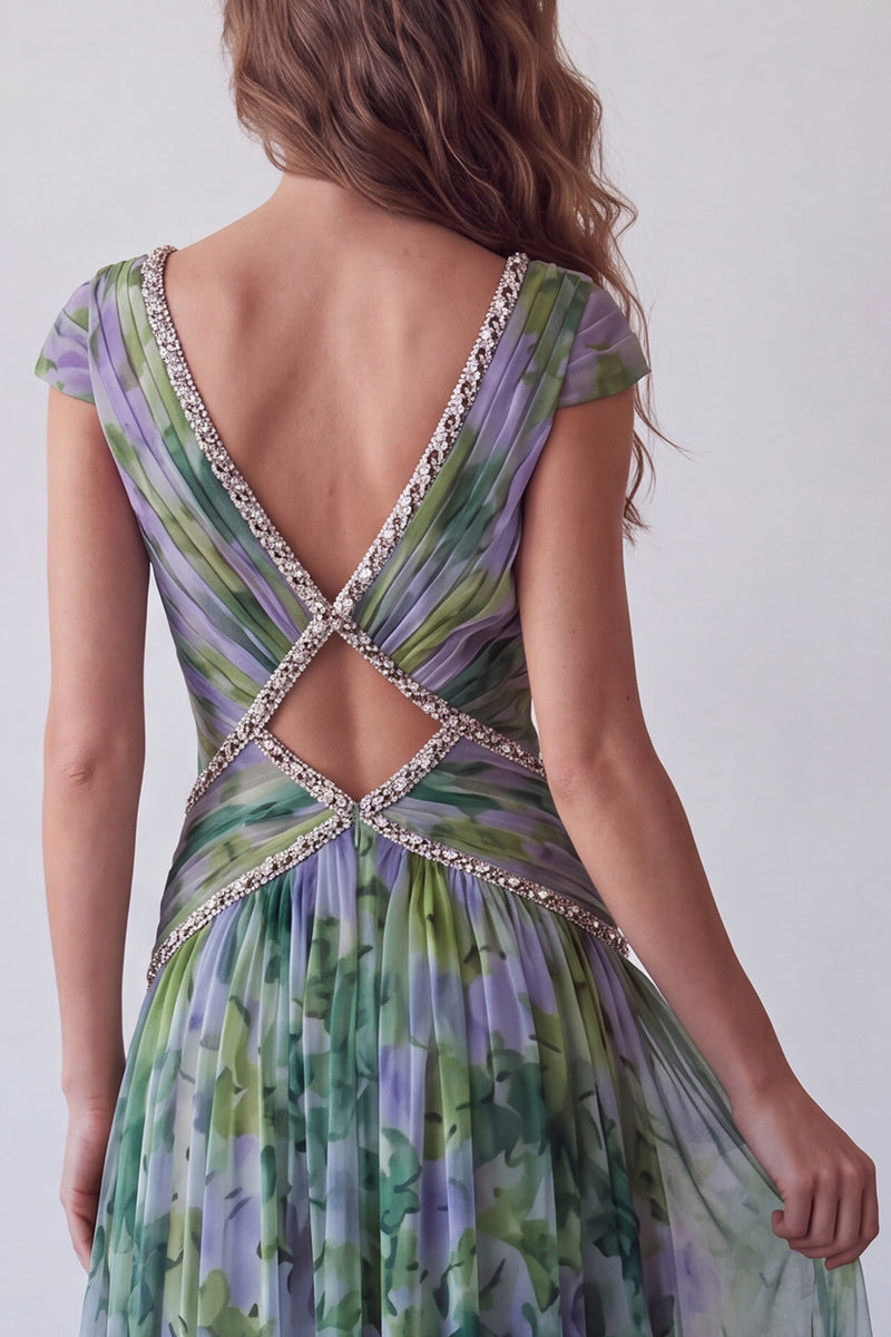 Load image into Gallery viewer, V-Neck Dusty Sage Floral Long Ruched A Line Formal Dress with Beading