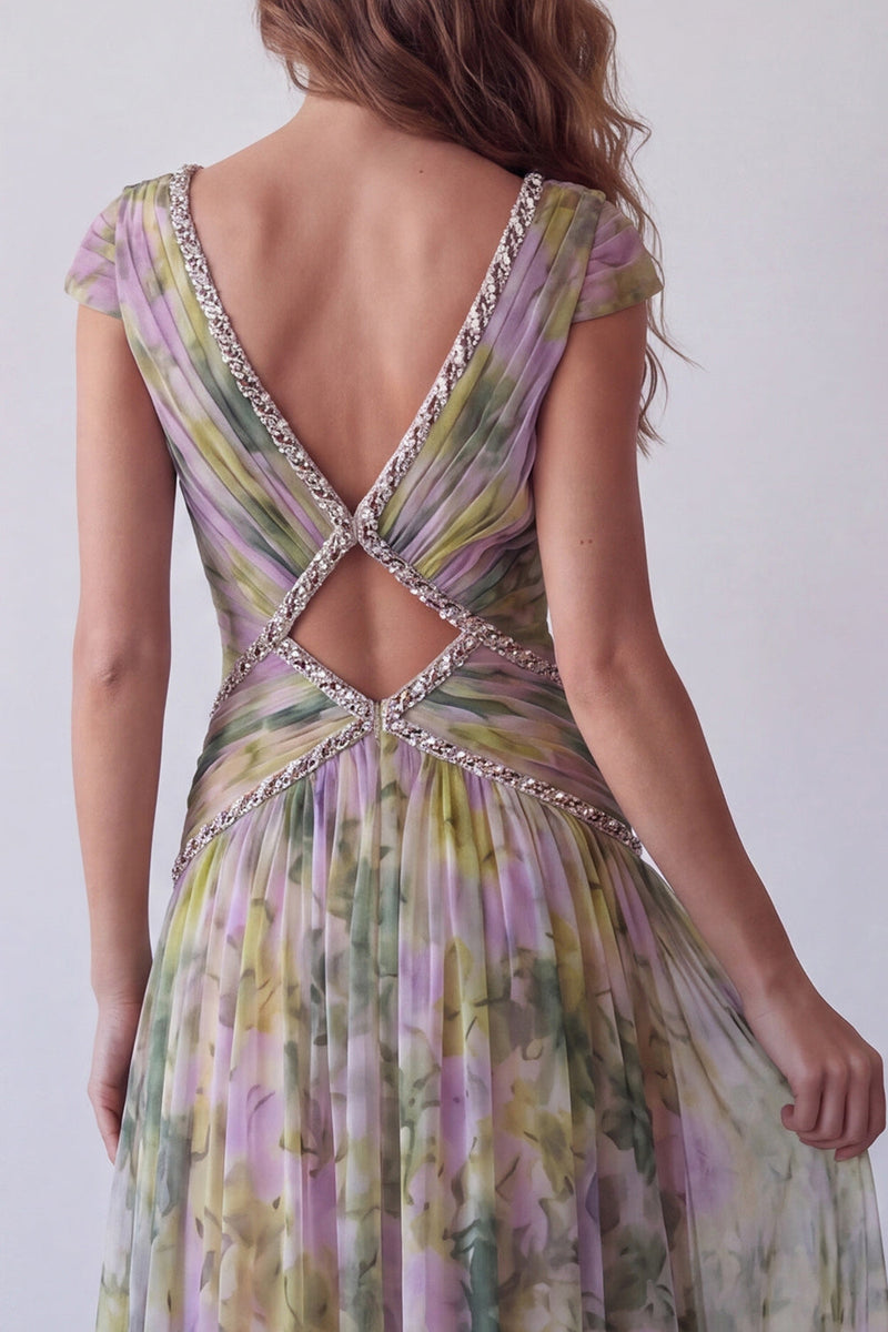 Load image into Gallery viewer, V-Neck Dusty Sage Floral Long Ruched A Line Formal Dress with Beading