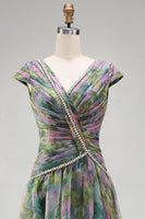 Load image into Gallery viewer, V-Neck Dusty Sage Floral Long Ruched A Line Formal Dress with Beading