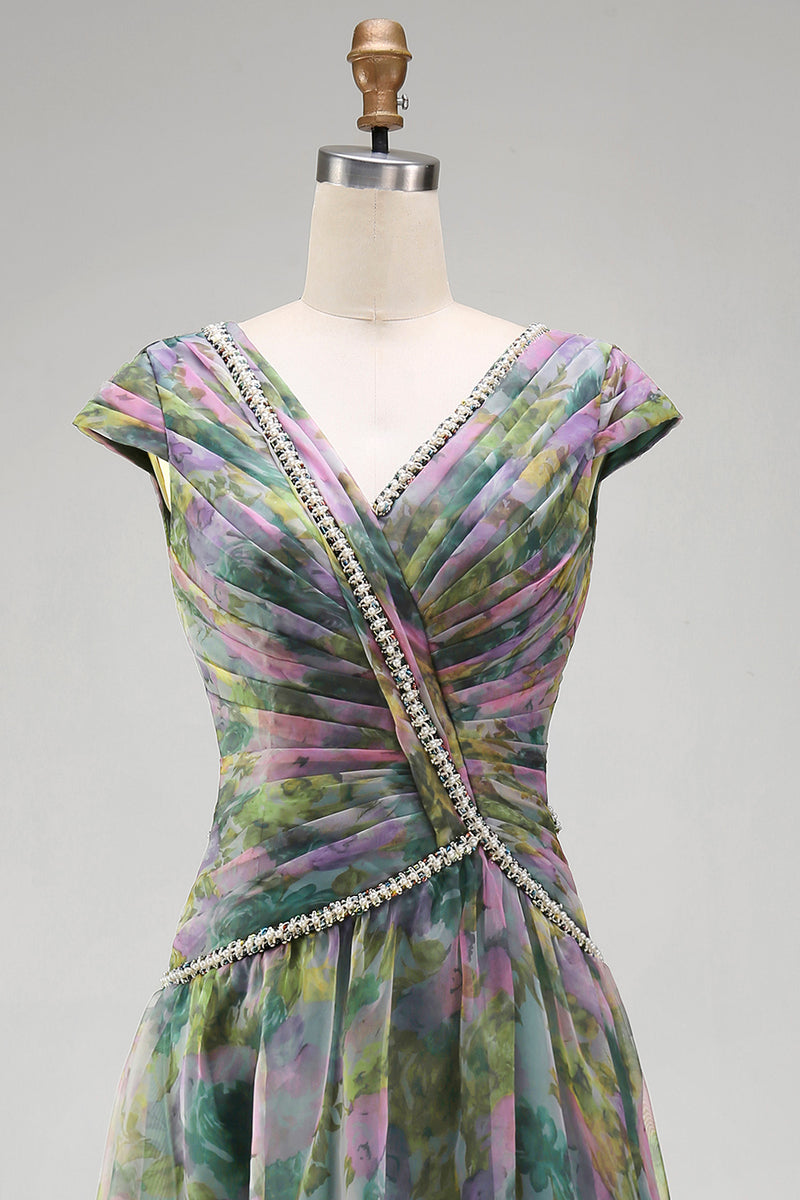 Load image into Gallery viewer, V-Neck Dusty Sage Floral Long Ruched A Line Formal Dress with Beading