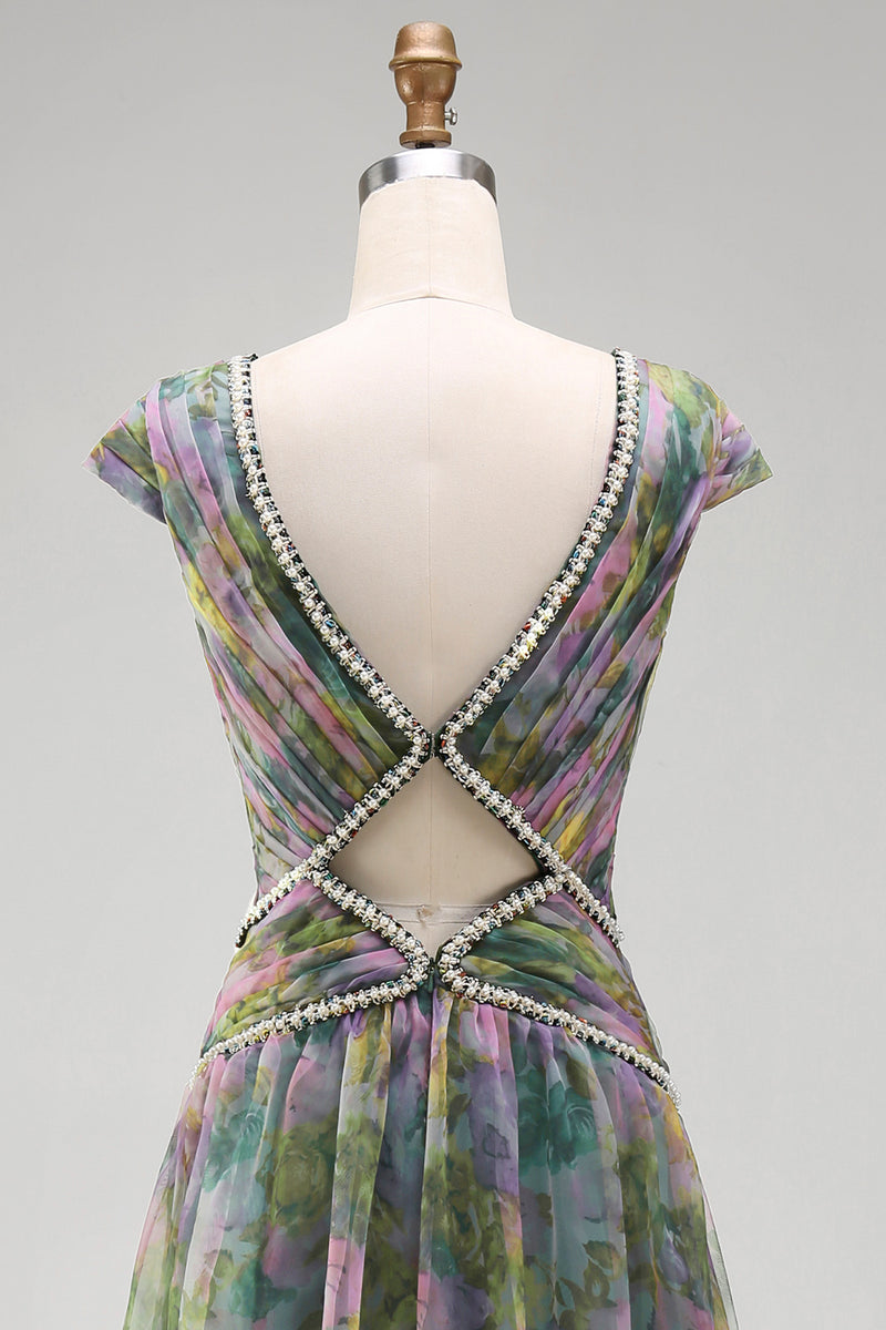 Load image into Gallery viewer, V-Neck Dusty Sage Floral Long Ruched A Line Formal Dress with Beading