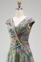 Load image into Gallery viewer, V-Neck Dusty Sage Floral Long Ruched A Line Formal Dress with Beading