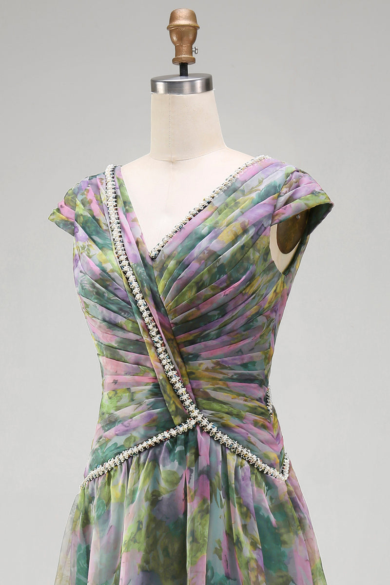 Load image into Gallery viewer, V-Neck Dusty Sage Floral Long Ruched A Line Formal Dress with Beading