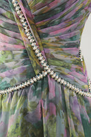 Load image into Gallery viewer, V-Neck Dusty Sage Floral Long Ruched A Line Formal Dress with Beading