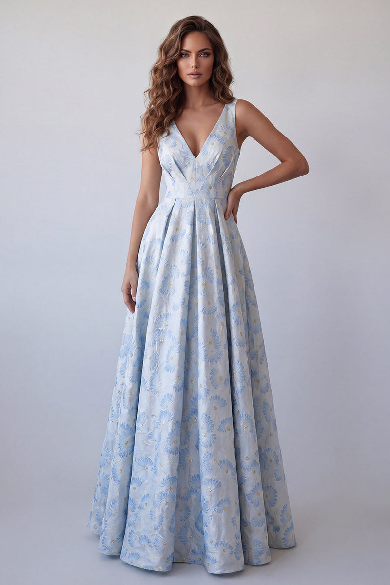 Load image into Gallery viewer, V-Neck A Line Light Blue Floral Long Formal Dress