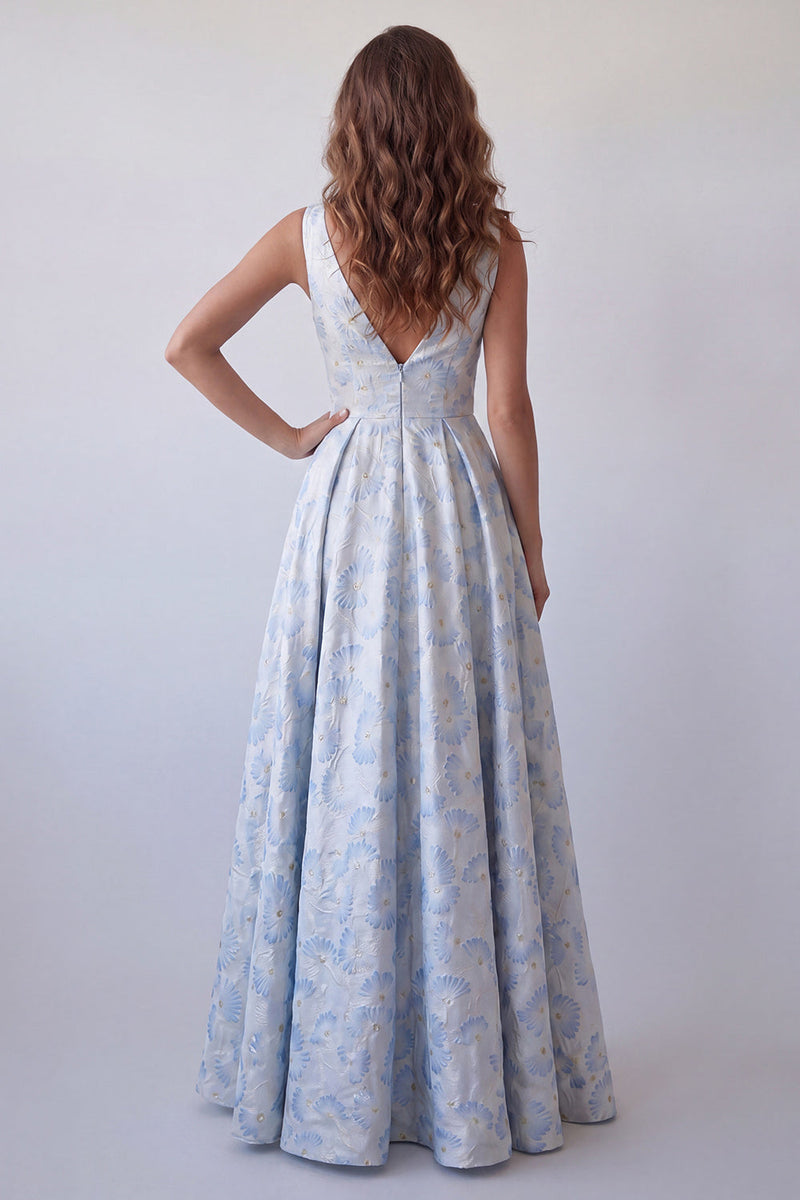 Load image into Gallery viewer, V-Neck A Line Light Blue Floral Long Formal Dress