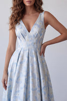 Load image into Gallery viewer, V-Neck A Line Light Blue Floral Long Formal Dress