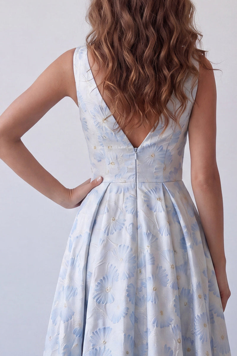 Load image into Gallery viewer, V-Neck A Line Light Blue Floral Long Formal Dress