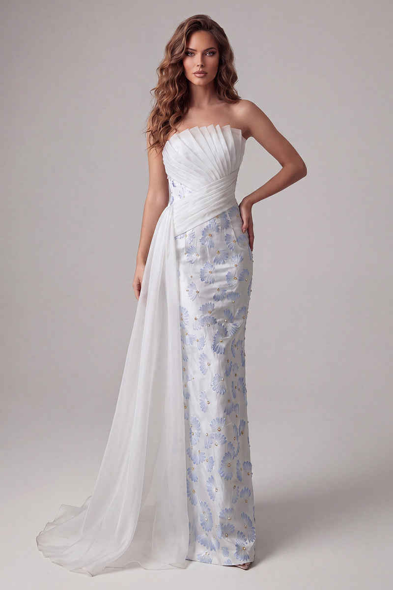 Load image into Gallery viewer, Strapless Ruched Floral Mermaid Light Blue Long Formal Dress with Side Cape