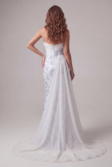 Strapless Ruched Floral Mermaid Light Blue Long Formal Dress with Side Cape
