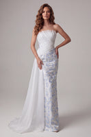Load image into Gallery viewer, Strapless Ruched Floral Mermaid Light Blue Long Formal Dress with Side Cape