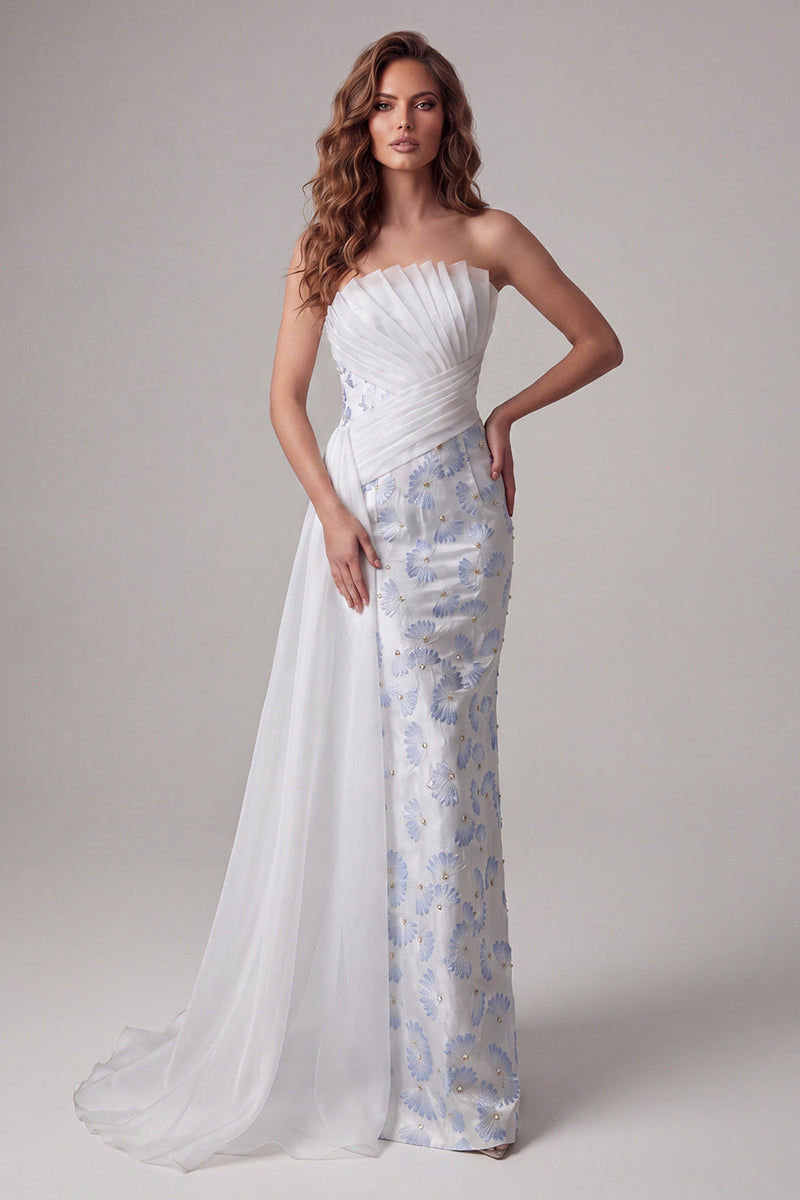 Load image into Gallery viewer, Strapless Ruched Floral Mermaid Light Blue Long Formal Dress with Side Cape