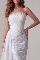 Load image into Gallery viewer, Strapless Ruched Floral Mermaid Light Blue Long Formal Dress with Side Cape