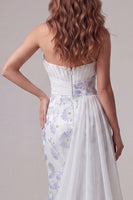 Load image into Gallery viewer, Strapless Ruched Floral Mermaid Light Blue Long Formal Dress with Side Cape