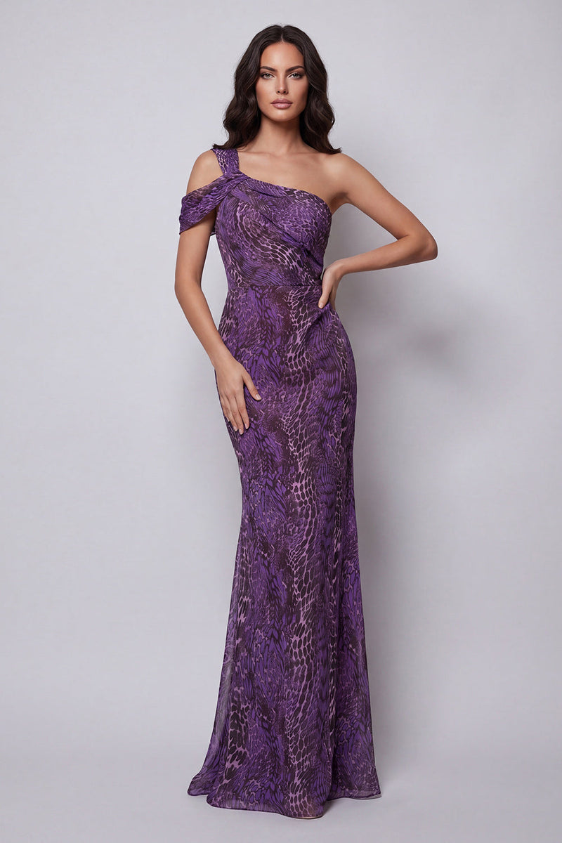 Load image into Gallery viewer, Purple One Shoulder Leopard Print Mermaid Long Formal Dress