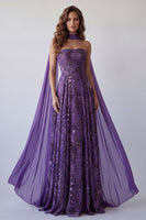Load image into Gallery viewer, A Line Strapless Purple Neck Scarf Leopard Print Long Formal Dress