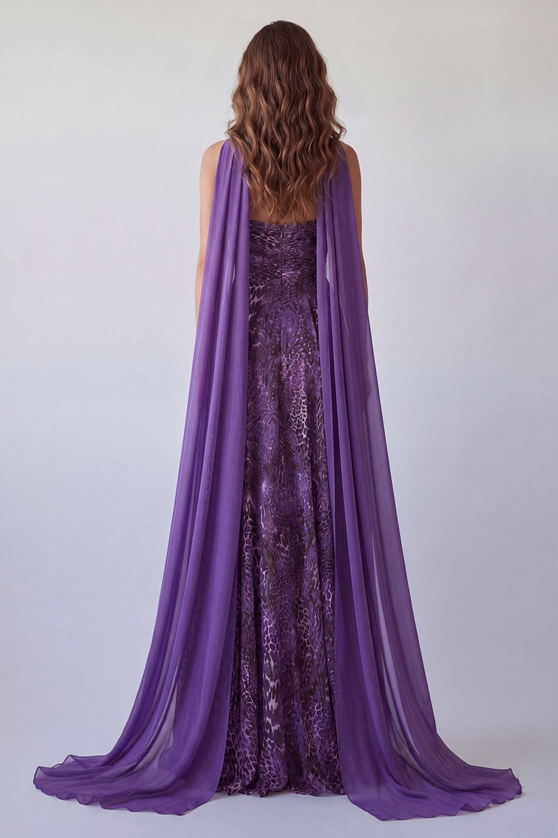 Load image into Gallery viewer, A Line Strapless Purple Neck Scarf Leopard Print Long Formal Dress