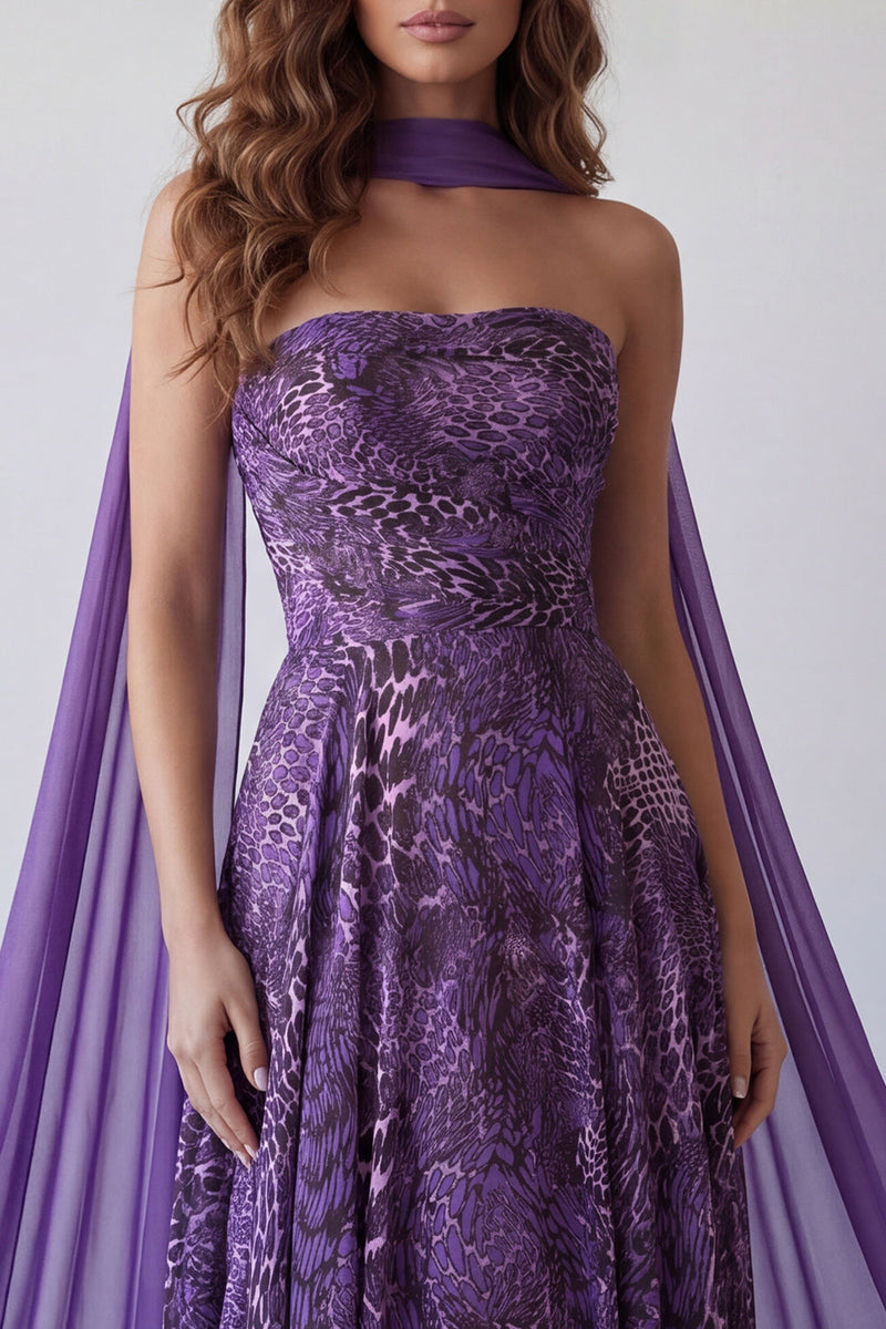 Load image into Gallery viewer, A Line Strapless Purple Neck Scarf Leopard Print Long Formal Dress