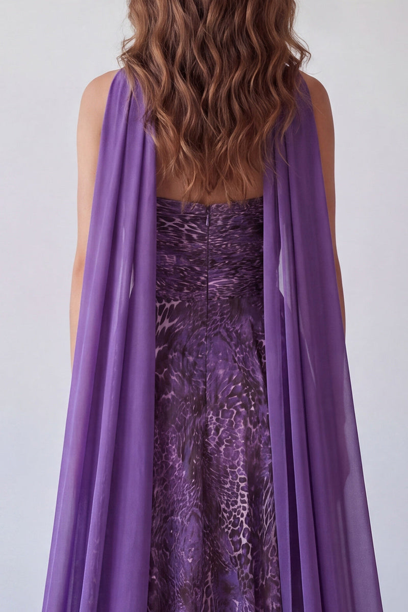 Load image into Gallery viewer, A Line Strapless Purple Neck Scarf Leopard Print Long Formal Dress