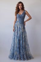 Load image into Gallery viewer, Dusty Blue V-Neck Floral Long Ruched A Line Formal Dress with 3D Flower