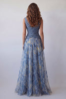 Load image into Gallery viewer, Dusty Blue V-Neck Floral Long Ruched A Line Formal Dress with 3D Flower