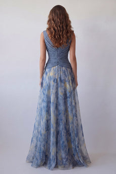 Dusty Blue V-Neck Floral Long Ruched A Line Formal Dress with 3D Flower