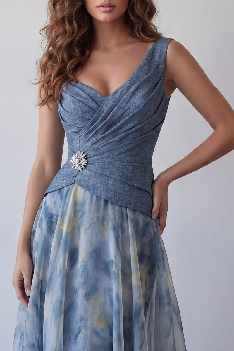 Load image into Gallery viewer, Dusty Blue V-Neck Floral Long Ruched A Line Formal Dress with 3D Flower