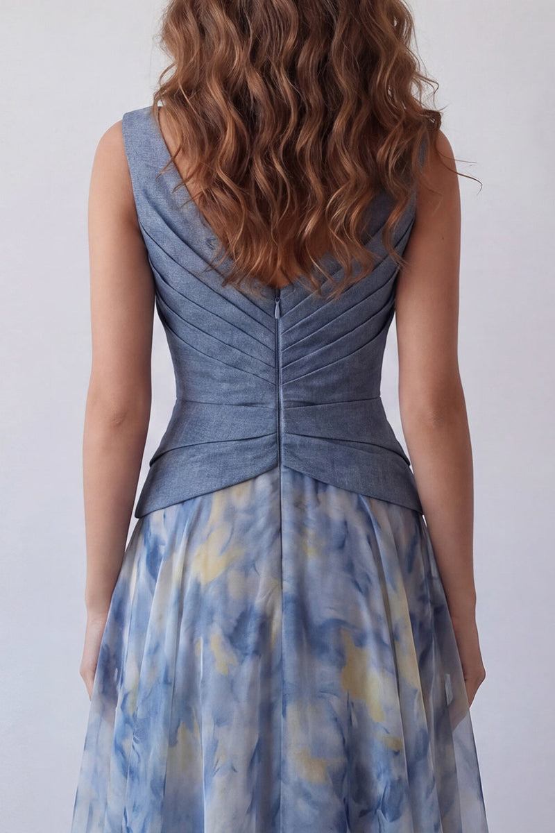Load image into Gallery viewer, Dusty Blue V-Neck Floral Long Ruched A Line Formal Dress with 3D Flower