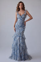 Load image into Gallery viewer, Mermaid Dusty Blue V-Neck Ruched Floral Long Formal Dress with Ruffles