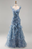 Load image into Gallery viewer, Mermaid Dusty Blue V-Neck Ruched Floral Long Formal Dress with Ruffles