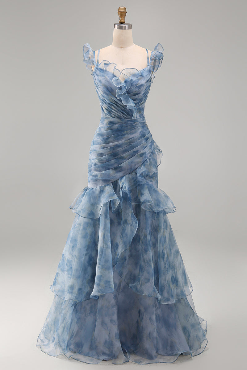 Load image into Gallery viewer, Mermaid Dusty Blue V-Neck Ruched Floral Long Formal Dress with Ruffles