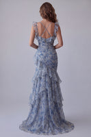 Load image into Gallery viewer, Mermaid Dusty Blue V-Neck Ruched Floral Long Formal Dress with Ruffles